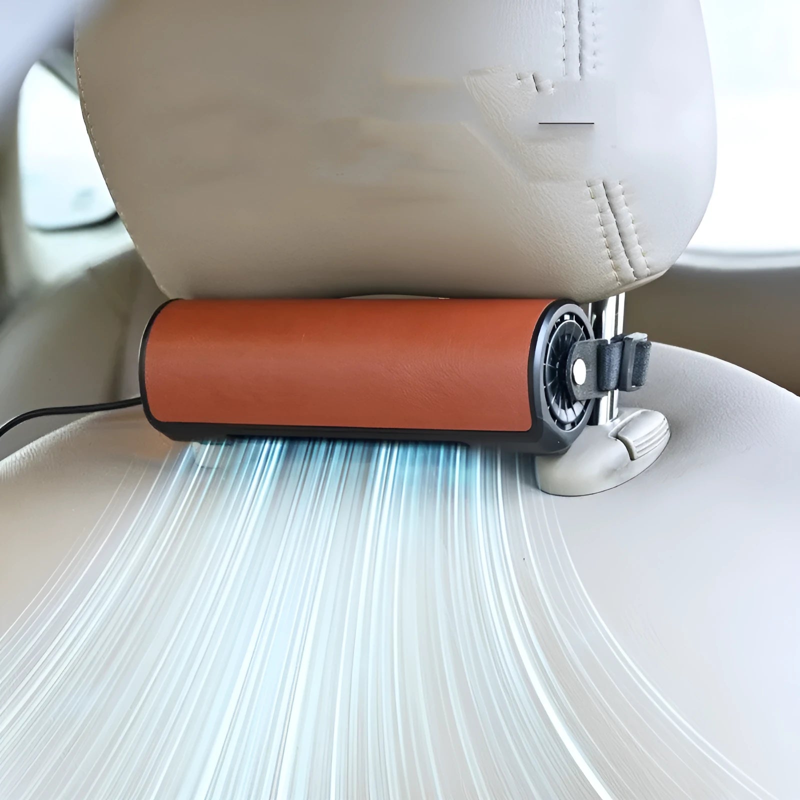 Black USB-powered car fan with three-speed buttons, shown next to a red and brown version.
