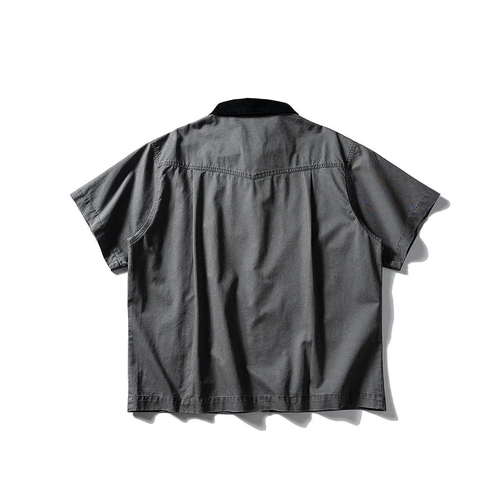 Short sleeve washed overalls shirt in loose fit cotton, khaki and grey colour options