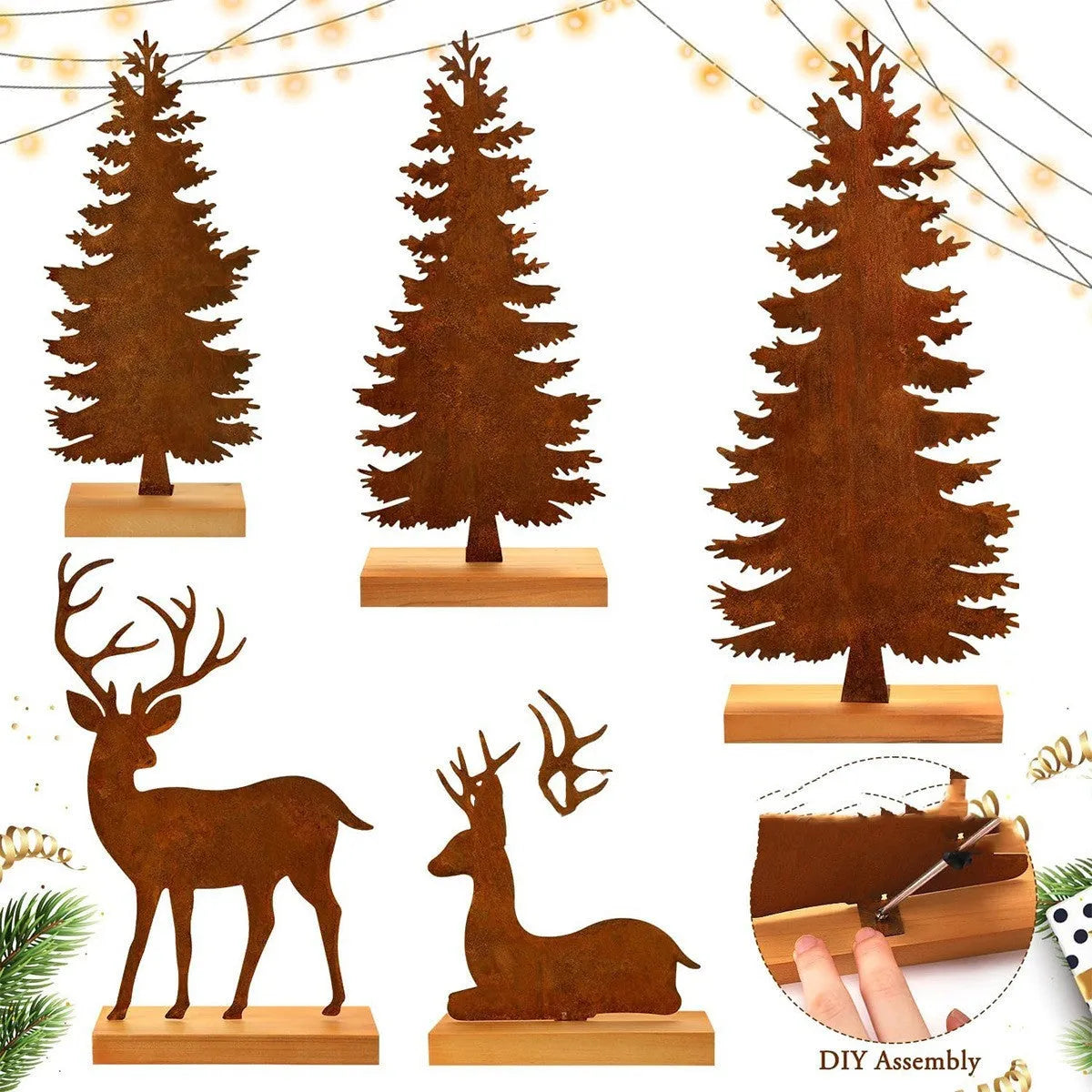 Set of three rustic metal Christmas ornaments featuring elk and tree silhouettes with an aged iron finish.