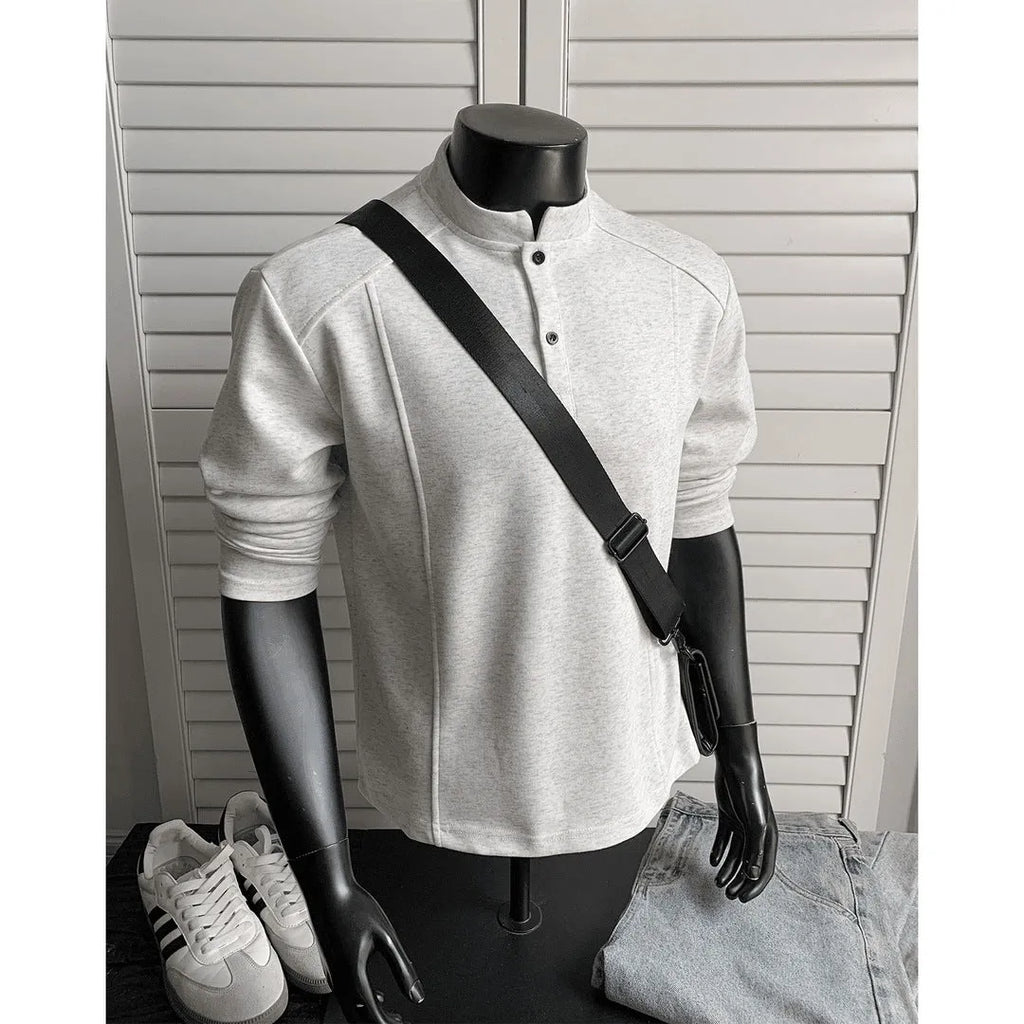Men's patchwork stand-up collar shoulder polo shirt in Chinese cotton with asymmetric design