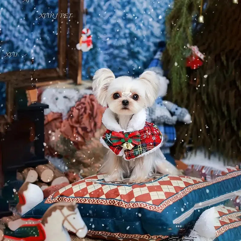 Polyester pet scarf for cats and dogs in festive snowflake and bell designs with red and blue backgrounds