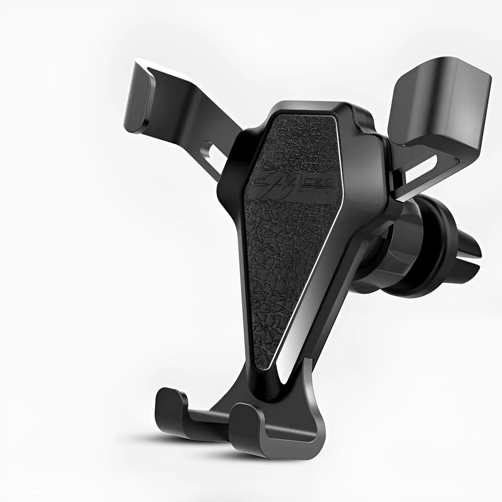 Universal car air vent phone mount in elegant black, fitting 66-84mm wide smartphones, rechargeable, with silicone and alloy construction.