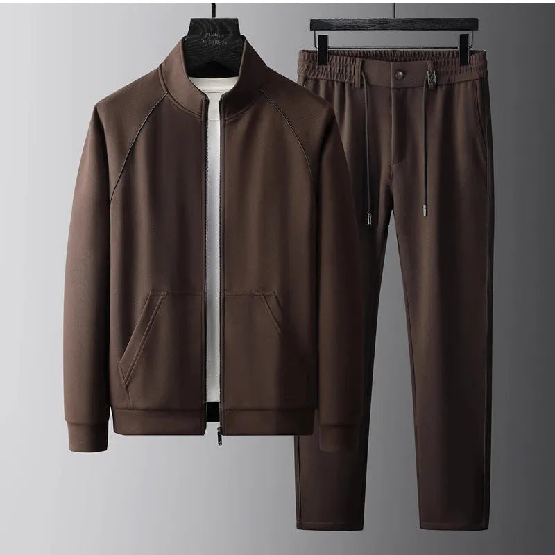 Men's slim fit stand collar casual sports suit in Vinylon fabric, showing coat and trousers.