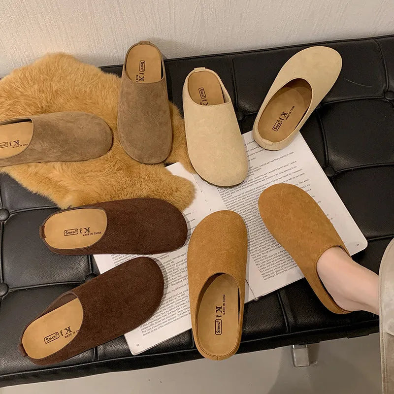 Korean style slip-on slippers in apricot colour with flat soft sole and microfiber upper