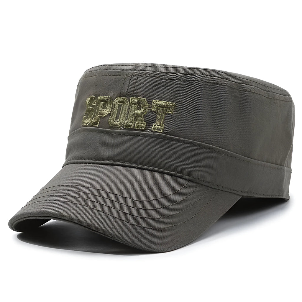 Men's cotton flat-top peaked cap in adjustable size with dome crown
