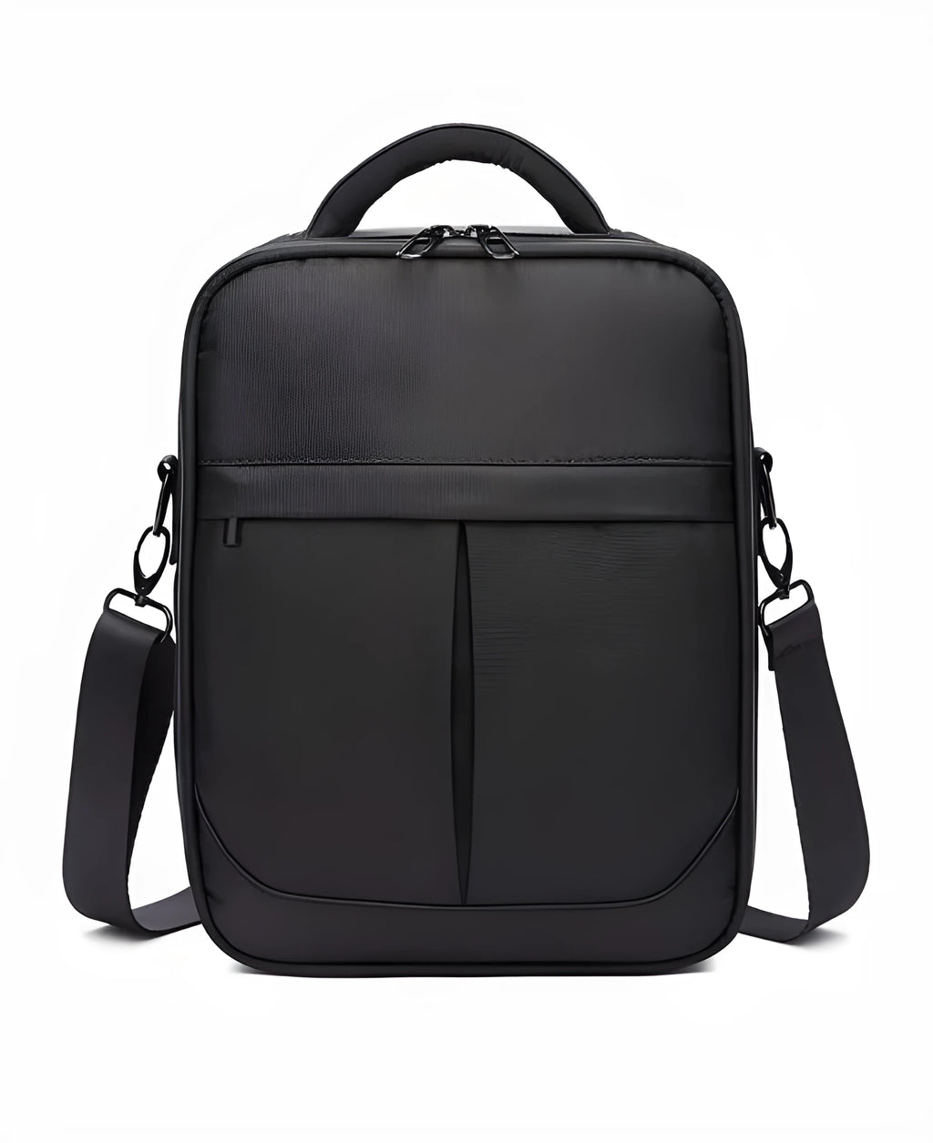 Black Oxford fabric mens messenger shoulder bag showing front view