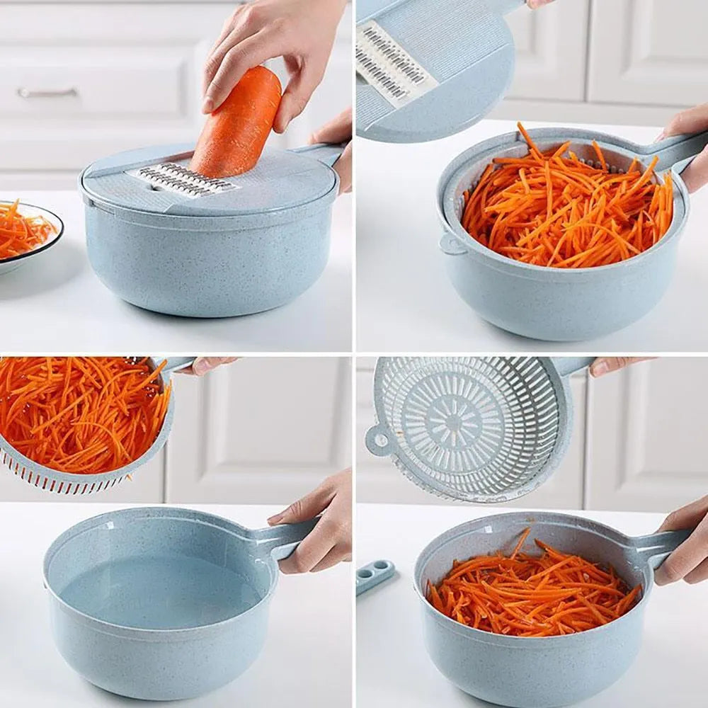 8-in-1 mandoline slicer with stainless steel blades, strainer, container, and hand protector in blue or pink.