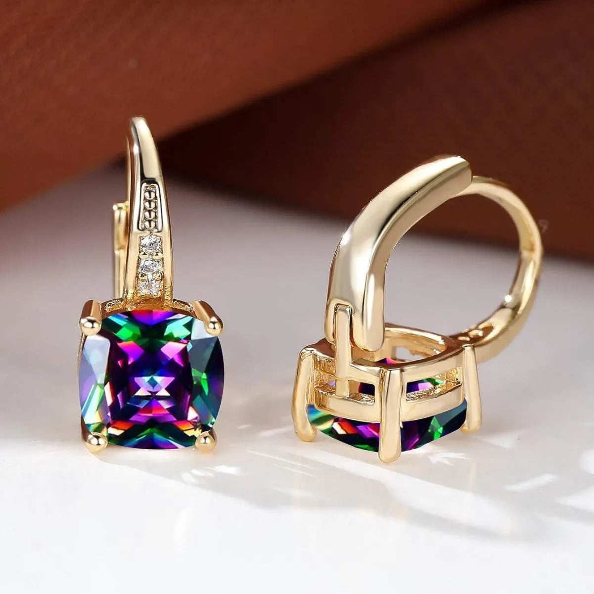 Geometric square ear clips with colourful moissanite inlays in electroplated copper