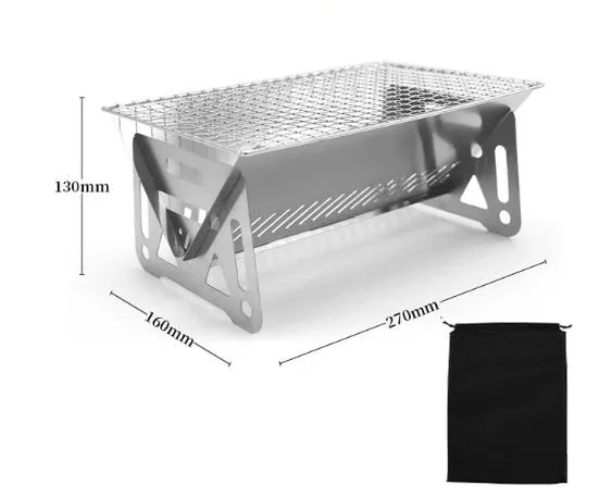 Folding stainless steel barbecue oven with large grill plate and storage bag.