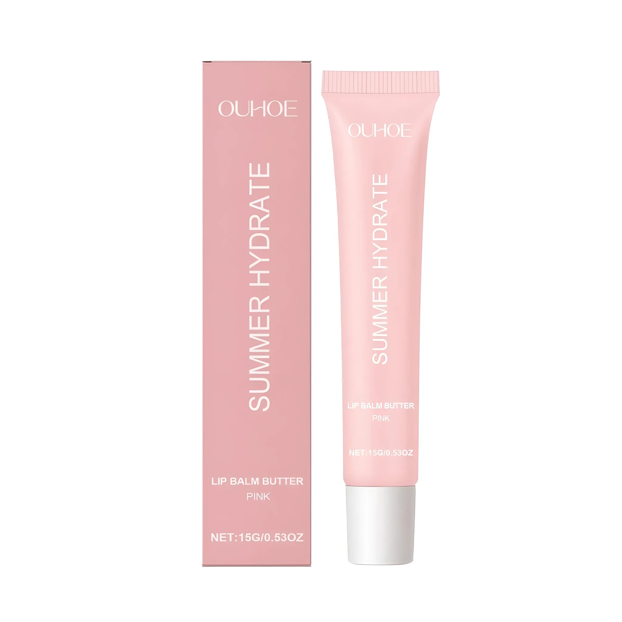 Pink shea butter lip balm stick on a white background
