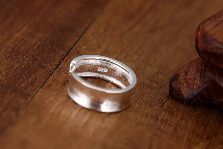 Korean frosted sterling silver adjustable open ring with geometric design on finger