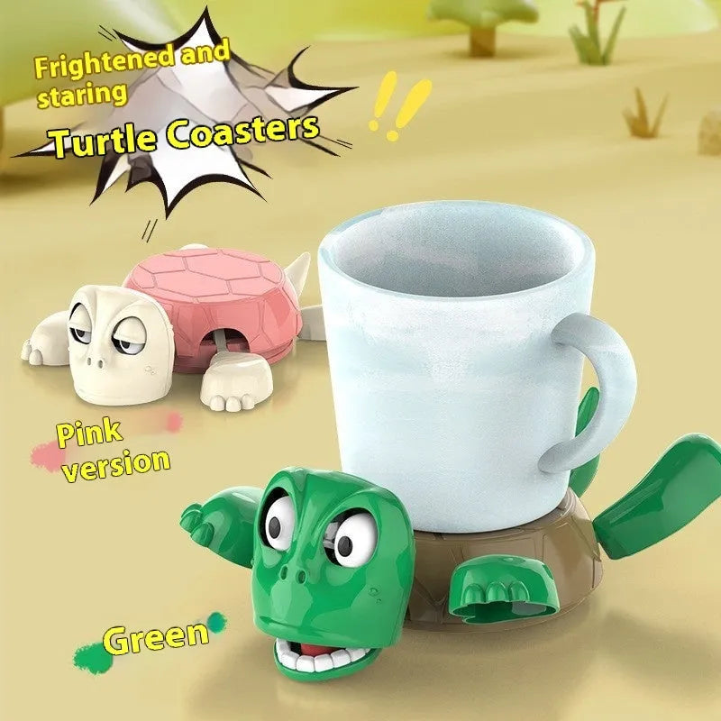 Turtle-shaped ABS plastic coaster in light green on a wooden table.