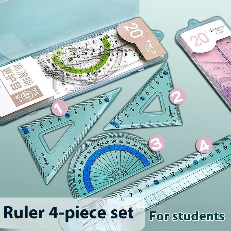 Transparent acrylic ruler set with square and protractor geometry tools