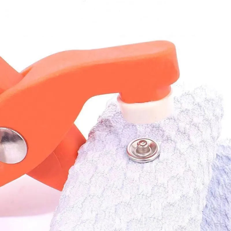 Five claw no-sew button fastener tool and stainless steel buttons for children's clothing.