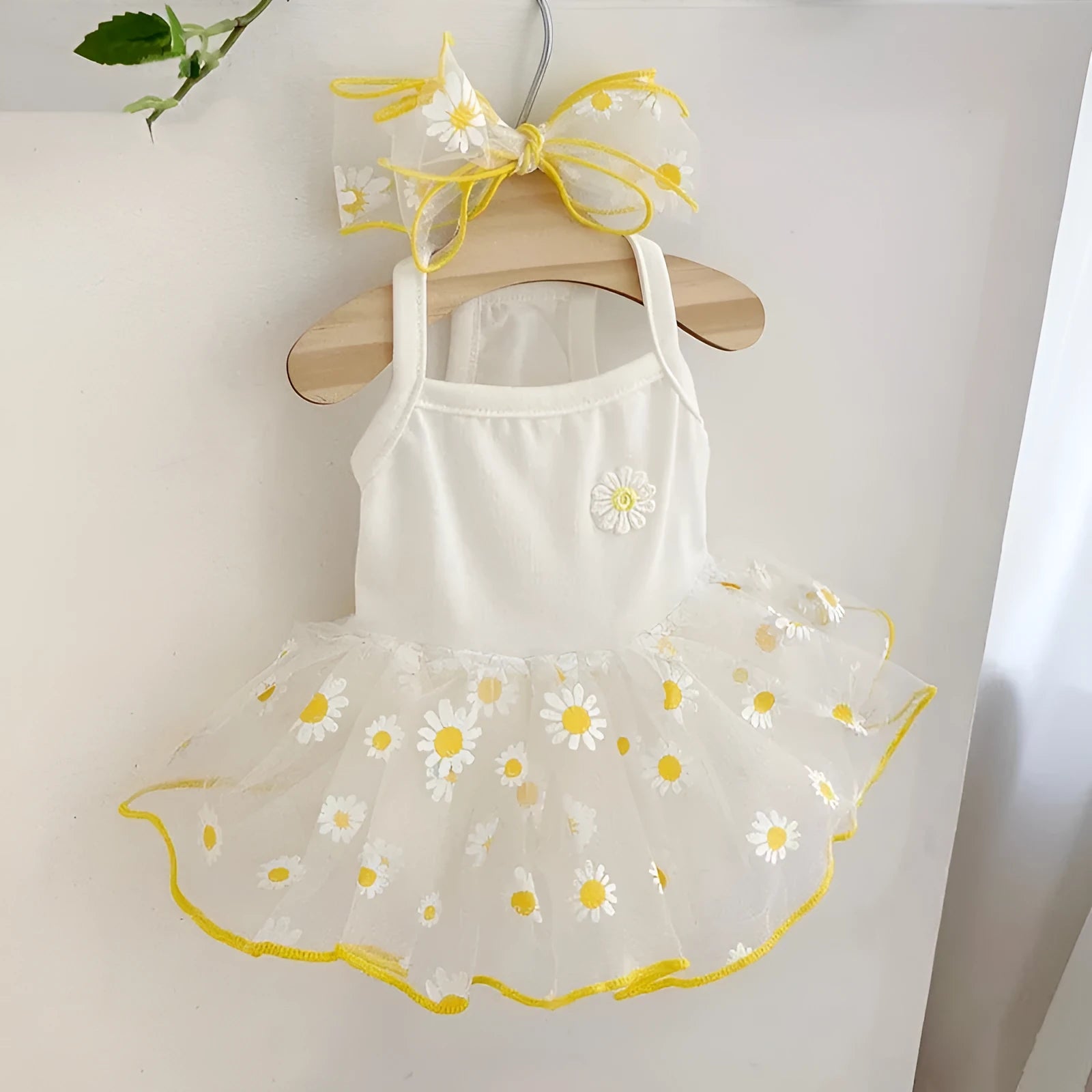 Yellow daisy patterned dog clothes for summer wear on small medium breed dog