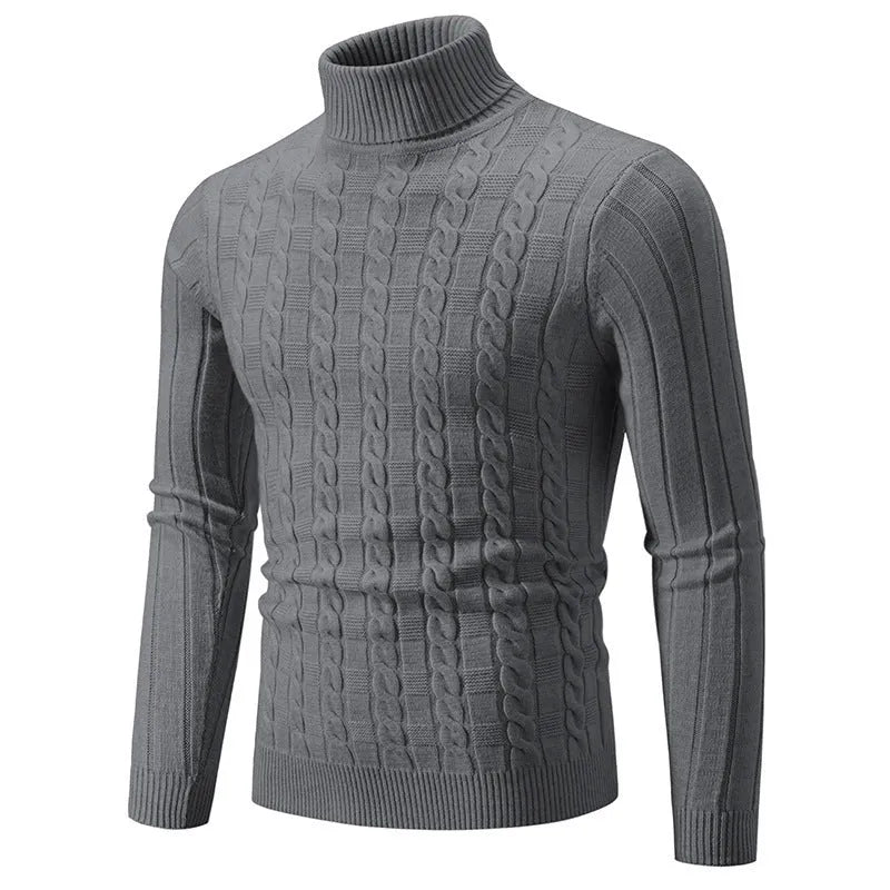 Man wearing a milky white slim fit chenille turtleneck pullover