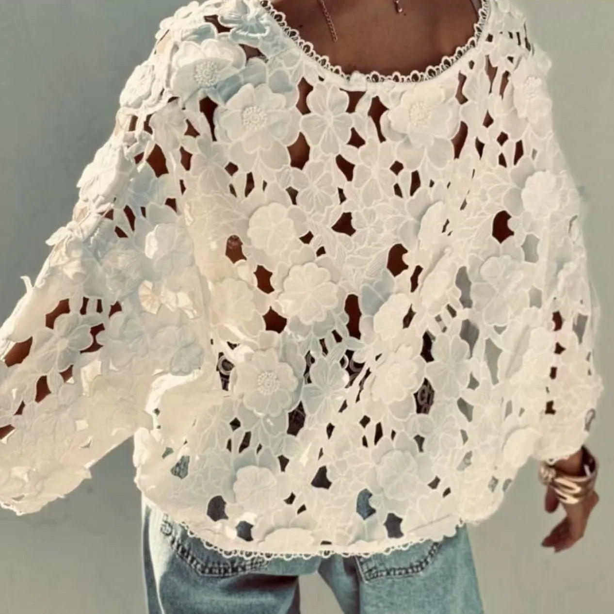 Loose lace cardigan with three-dimensional floral embroidery in street fashion style