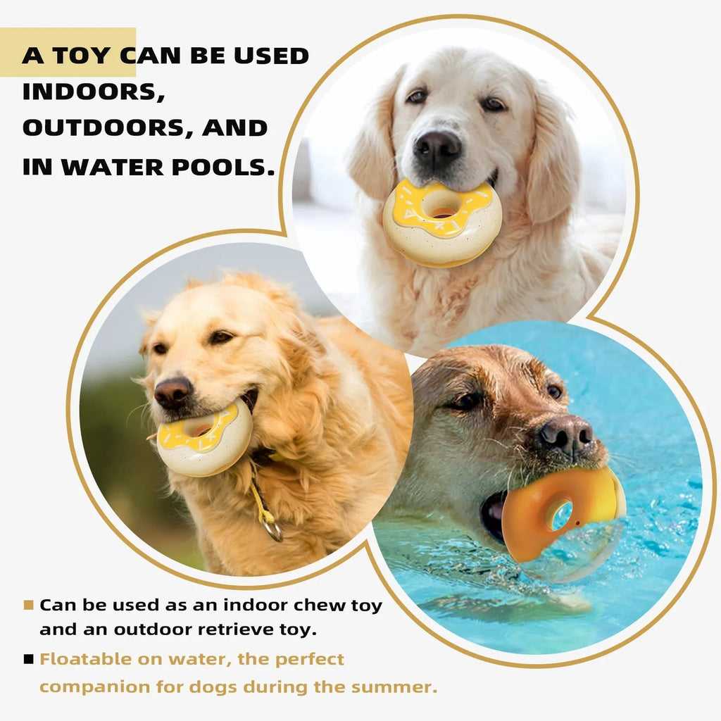 Pink donut-shaped dog toy with textured molar-cleaning surface for canine dental care
