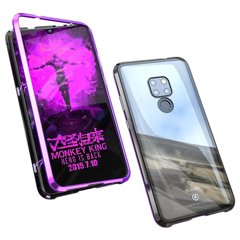 Magnetic Huawei phone case with metal frame and clear glass back showing phone design