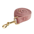 Light purple pink velvet dog collar with metal D-ring on a grey background