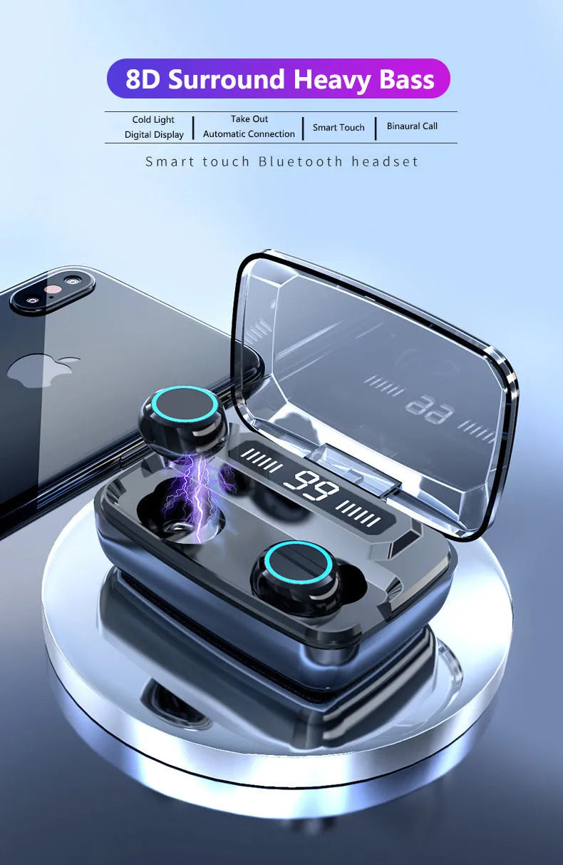 Black M11 Bluetooth 5.0 wireless earbuds with digital display charging case and phone holder