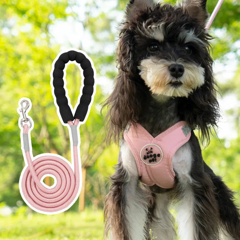 Polyester dog vest and hand holding rope set in blue, green, pink, or yellow colour