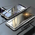 Magnetic Huawei phone case with metal frame and clear glass back showing phone design