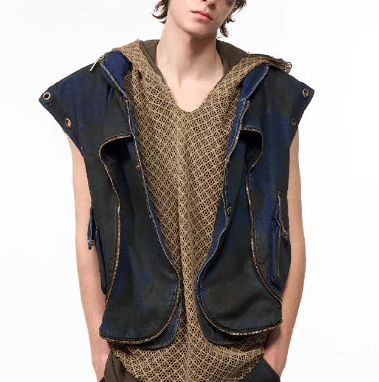 Blue Korean-style hooded denim vest coat and matching trousers two-piece set