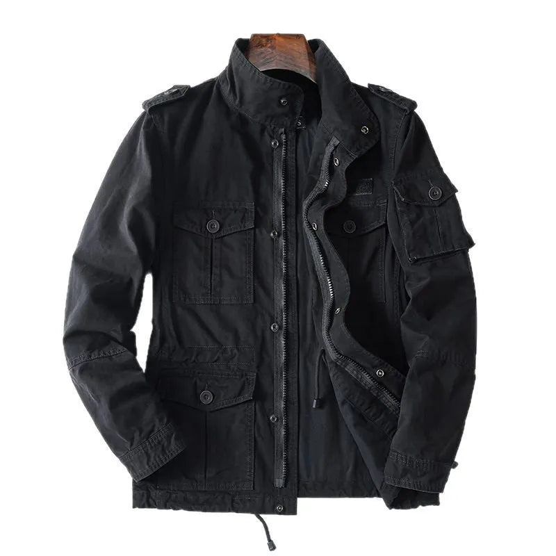 Men's loose-fit casual zip-up jacket in cotton twill, shown in light brown.
