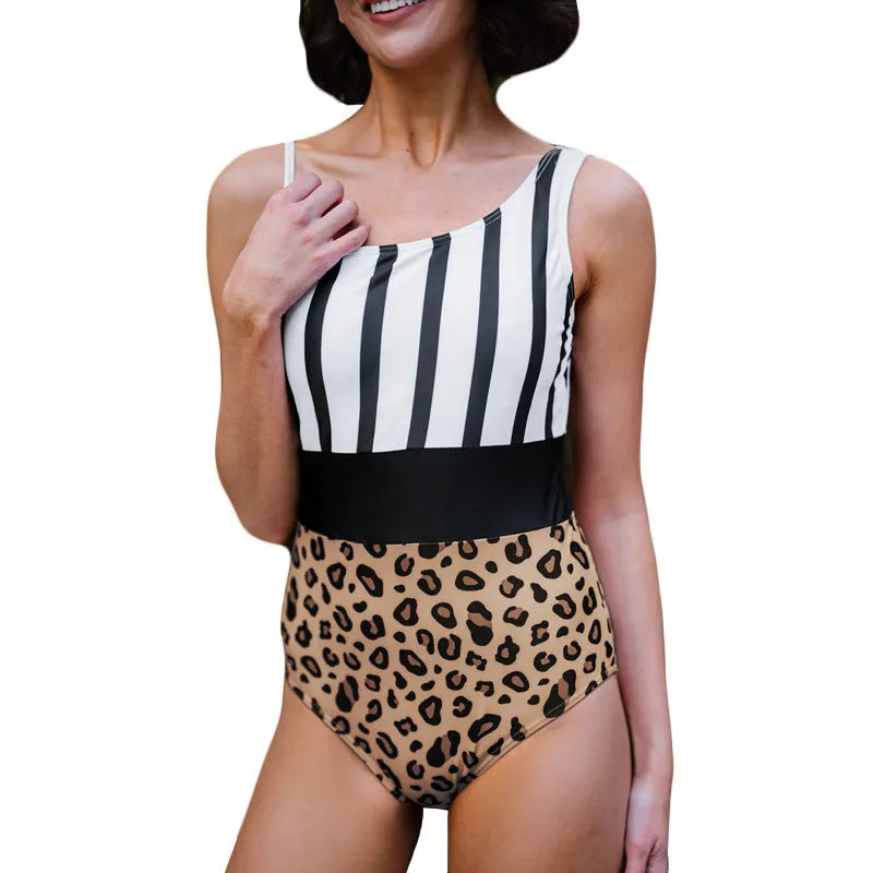 Women's leopard print one-piece swimsuit with asymmetric collar and high-waist triangle brief cut