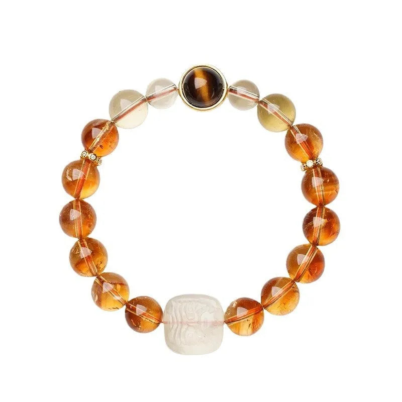Women's carved citrine bracelet with 10mm geometric beads in ethnic national style