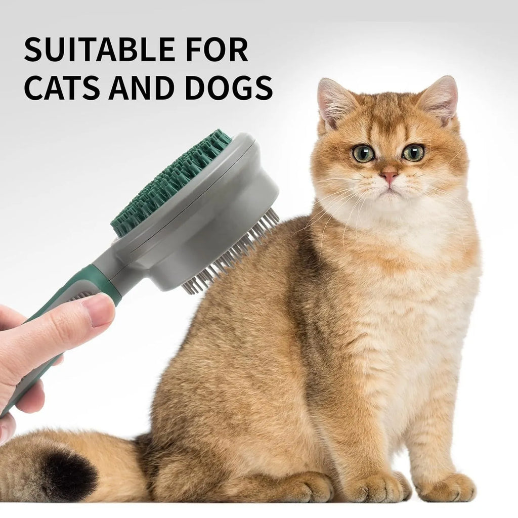 Green two-sided silicone pet brush with retractable slicker pins and a silicone massager head.