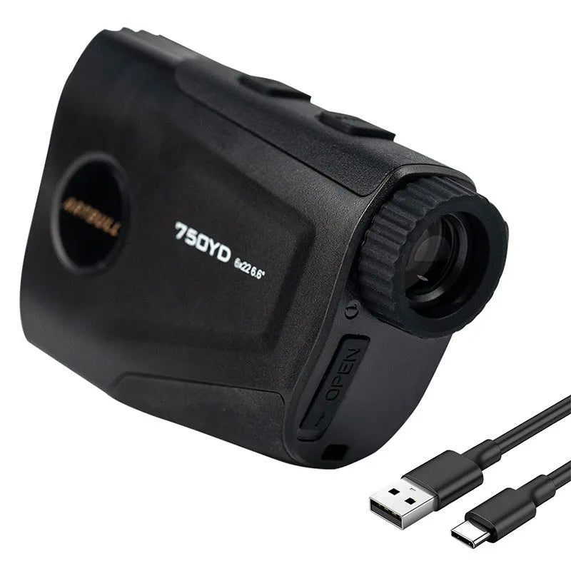 Golf laser rangefinder with LCD display showing distance measurement, featuring USB Type-C charging port