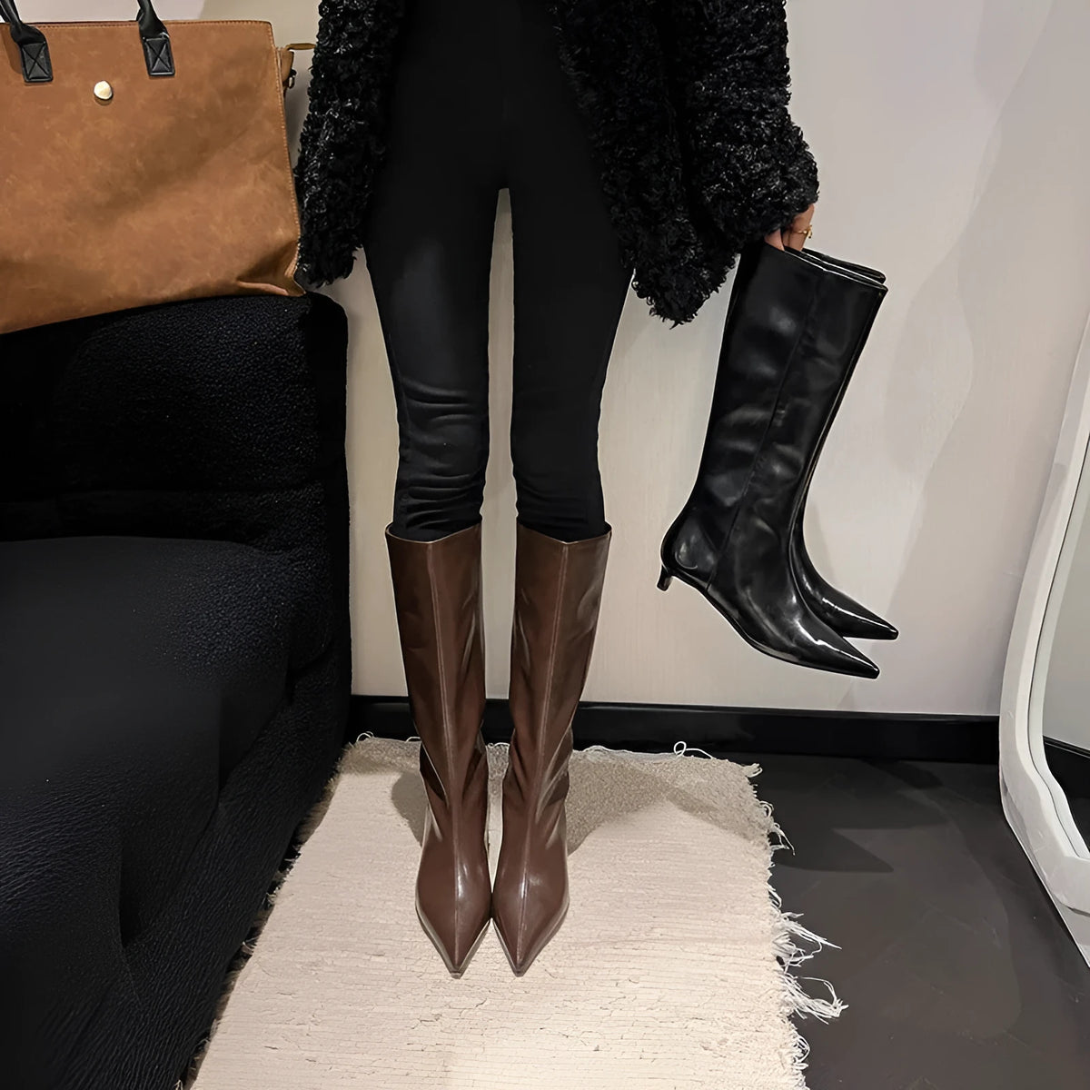 Women's pointed toe mid heel cowhide boots in brown or black, sizes 34-39, beef tendon sole