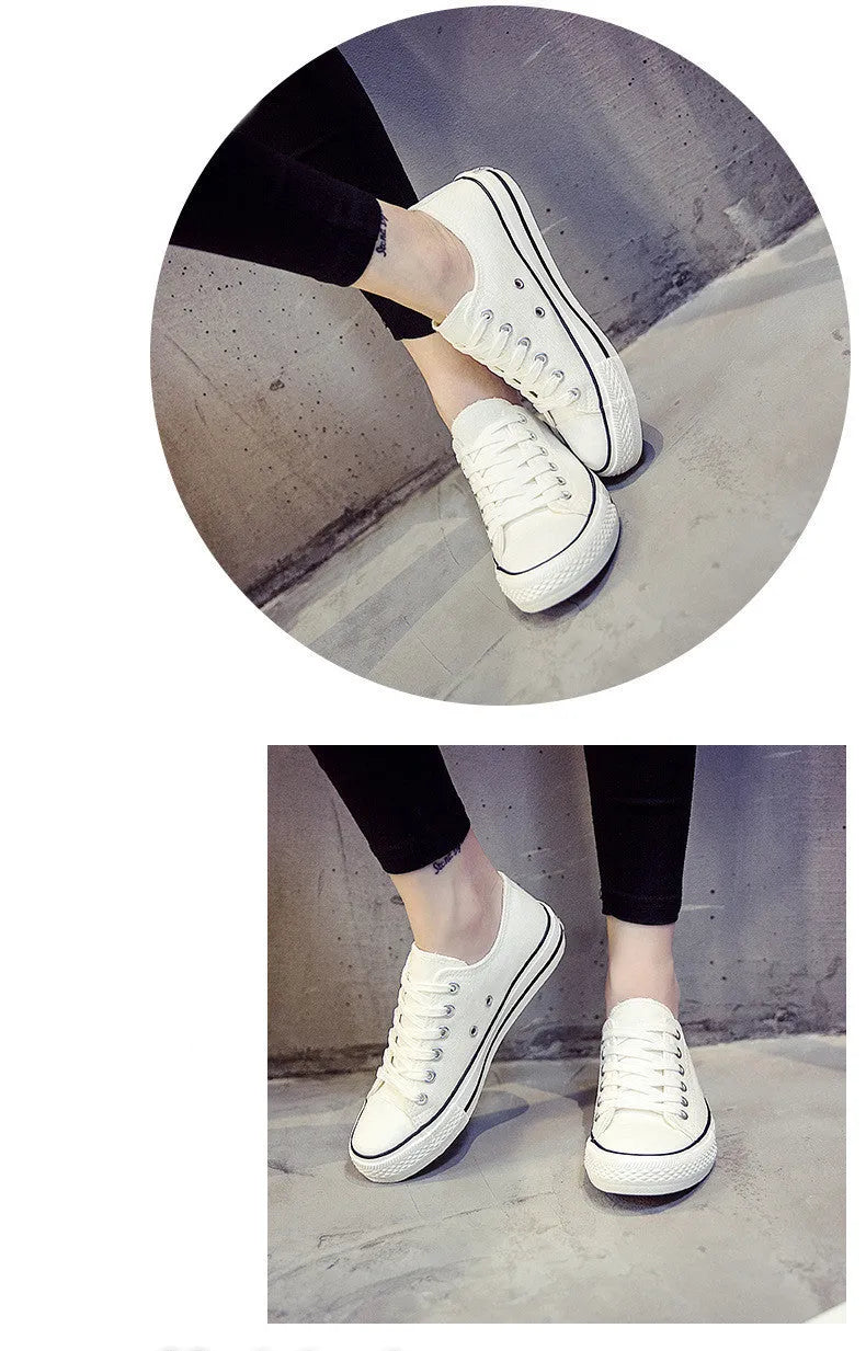Women's solid-colour canvas shoes in black, shown on a foot from a side angle.