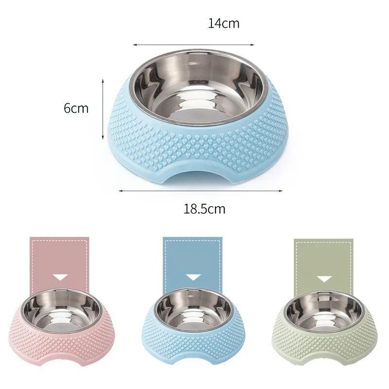 Stainless steel pet bowl with weighted non-slip base in blue, green, or pink colours