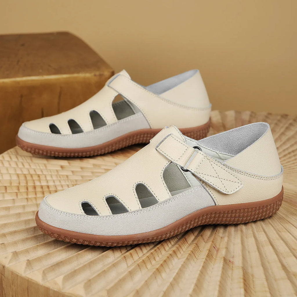 Plus size women's flat heel sandals with hollow breathable design in white, red, or blue colours