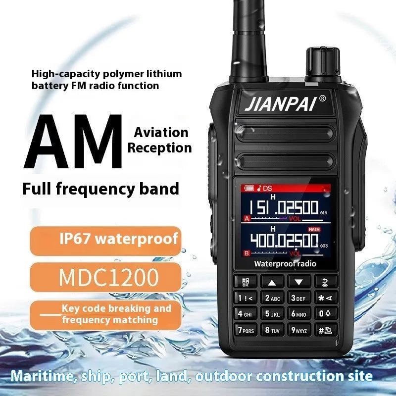 Black aviation interphone communication headset with waterproof and dustproof construction showing full accessory kit