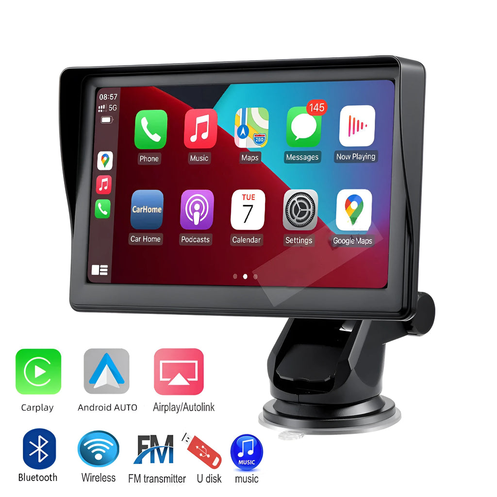 7-inch portable car smart display screen with retractable mount on a windshield