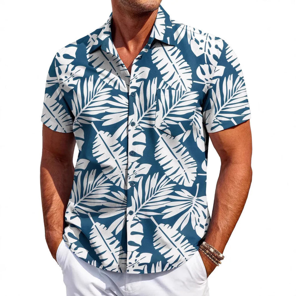 Men's slim fit Hawaiian short sleeve shirt in elastic polyester fabric showing colour options and cardigan style