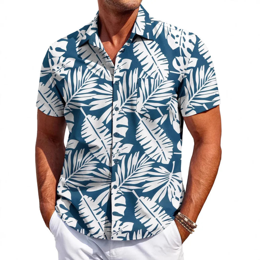Men's slim fit Hawaiian short sleeve shirt in elastic polyester fabric showing colour options and cardigan style