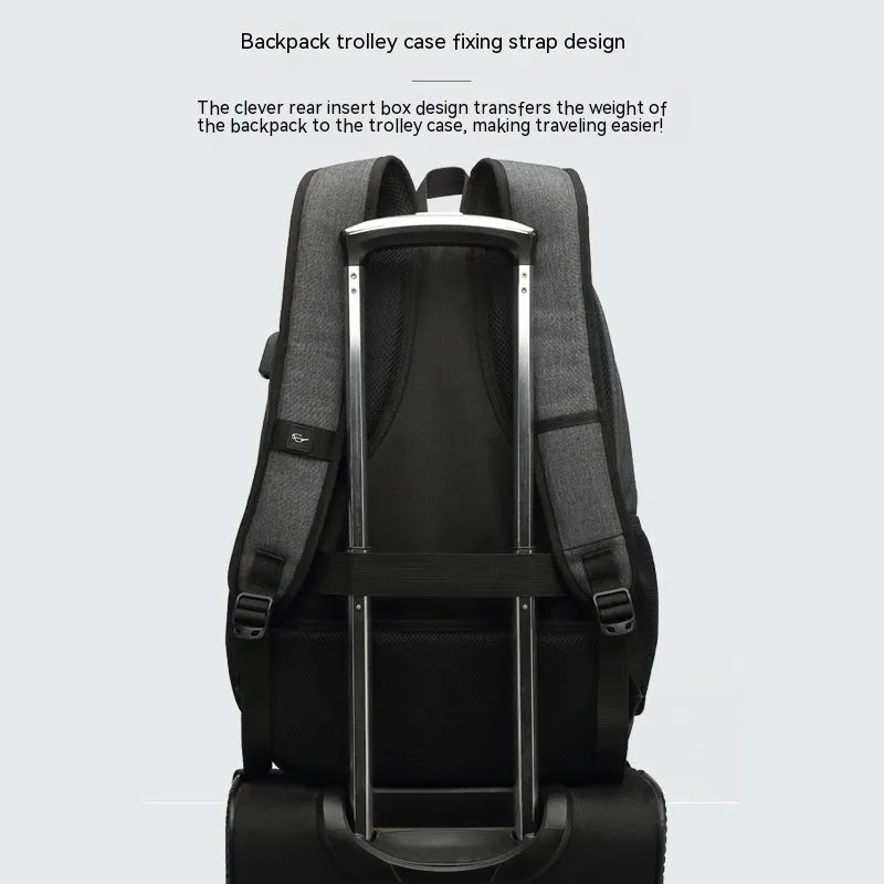 Grey lightweight USB charging backpack with trolley straps and thickened nylon fabric.