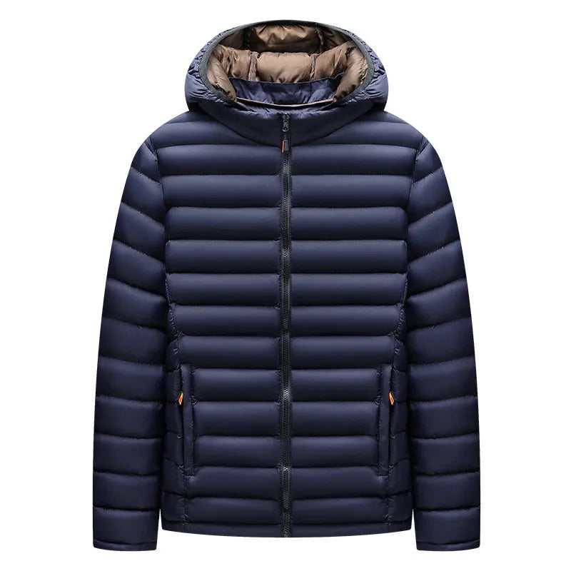 Man wearing a solid colour lightweight hooded down jacket with a detachable collar and zipper pockets.
