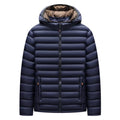 Man wearing a solid colour lightweight hooded down jacket with a detachable collar and zipper pockets.