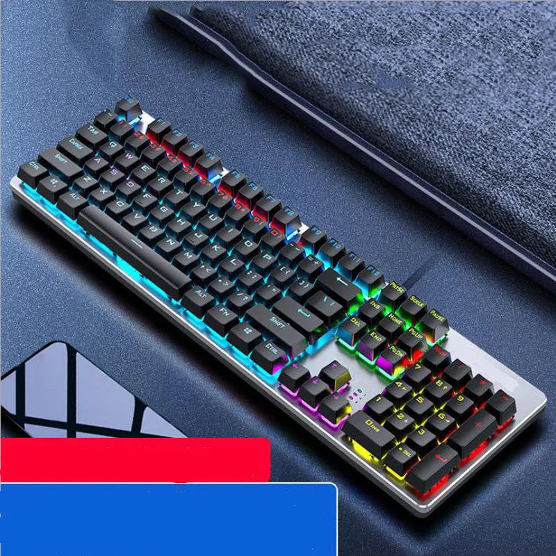 GK410 mechanical keyboard with green switches and metal construction showing full 104-key layout