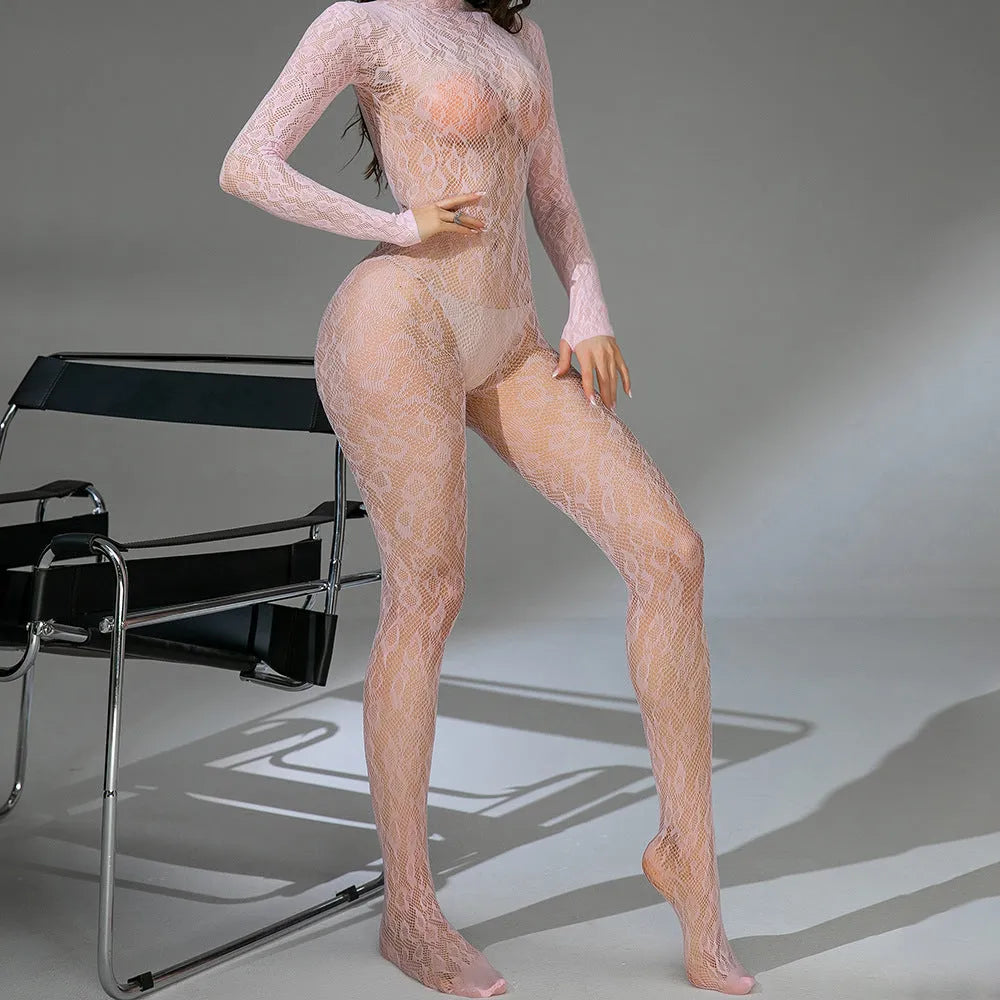 Black fishnet one-piece lingerie with long sleeves and a backless design on a mannequin.