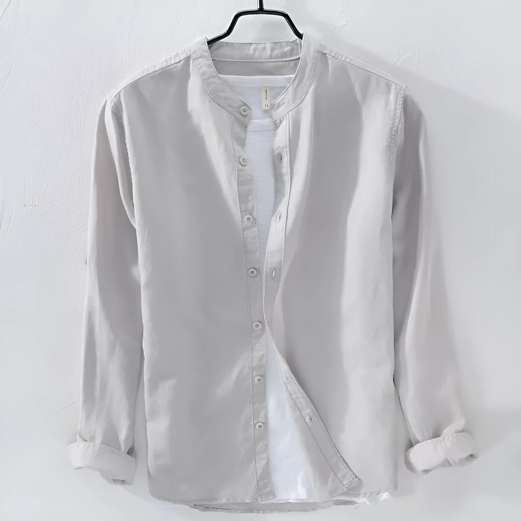 Men's loose fit long sleeve cotton linen shirt in solid colour with button-up front
