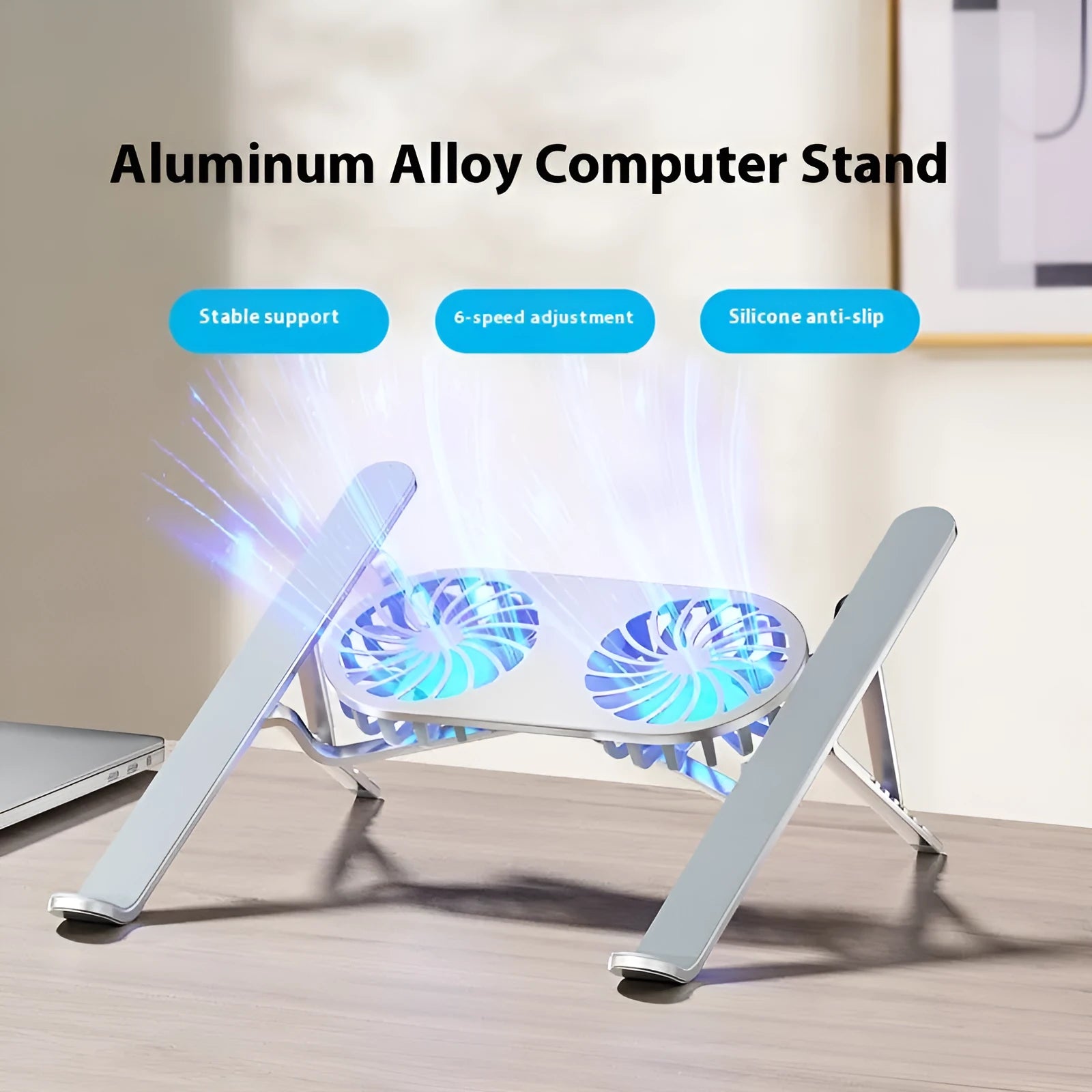Silver aluminium laptop stand with twin cooling fans in folded and open positions