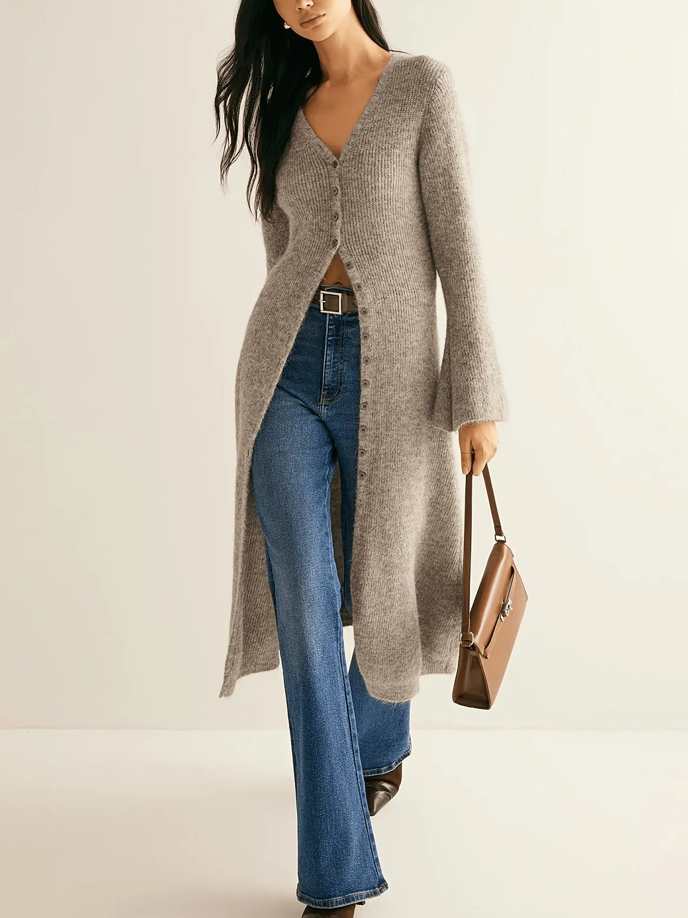Khaki French style elegant retro women's cardigan with button front closure and long sleeves