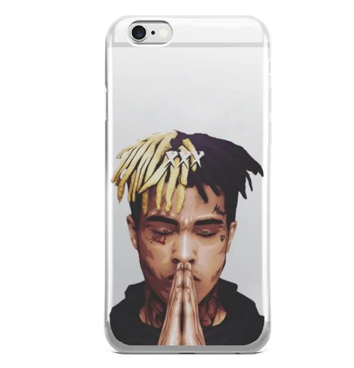 Transparent matte iPhone case with Xxxtentacion artwork showing half-wrapped design on phone